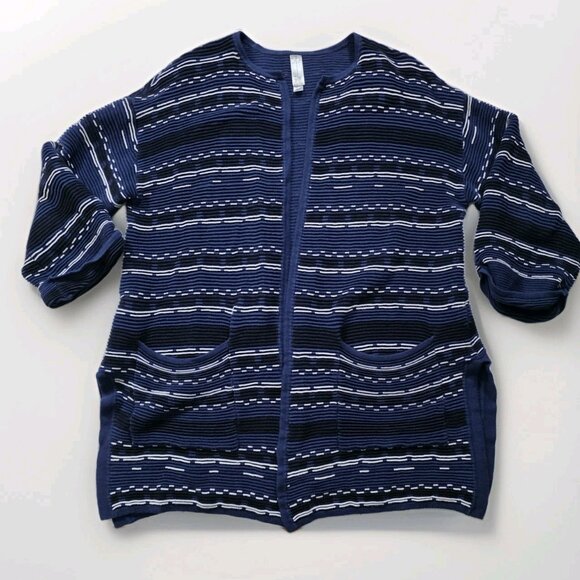 Marla Wynne Cardigan Women L Navy White 3/4 Sleeve Slouchy Mature Lagenlook Boho - Picture 10 of 16